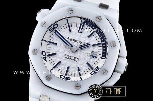 Royal Oak Diver 42mm White Ceramic Bezel White/Blue Dial Rubber Strap MY9015 Mod
