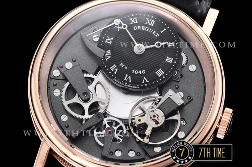Breguet Tradition 7057BR Black Guilloche Skeletonal Dial with Roman Numerals 18K Rose Gold Thick Plated