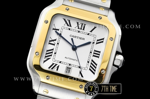 Cartier Santos White Dial with Black Roman Numeral Markers Two Tone 18K Yellow Gold Thick Plated Case and Bracelet
