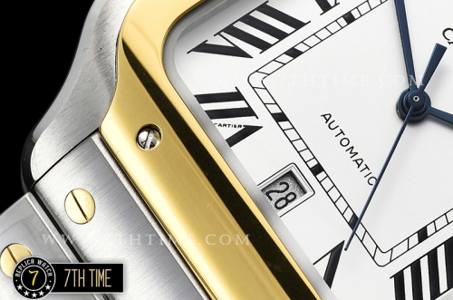 Cartier Santos White Dial with Black Roman Numeral Markers Two Tone 18K Yellow Gold Thick Plated Case and Bracelet