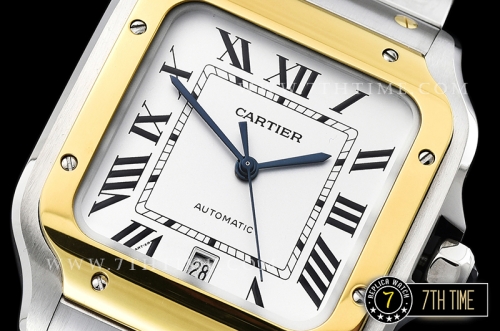 Cartier Santos White Dial with Black Roman Numeral Markers Two Tone 18K Yellow Gold Thick Plated Case and Bracelet