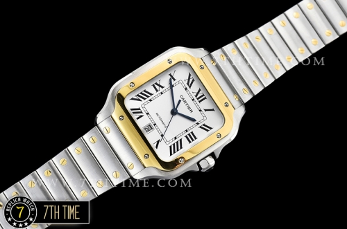 Cartier Santos White Dial with Black Roman Numeral Markers Two Tone 18K Yellow Gold Thick Plated Case and Bracelet