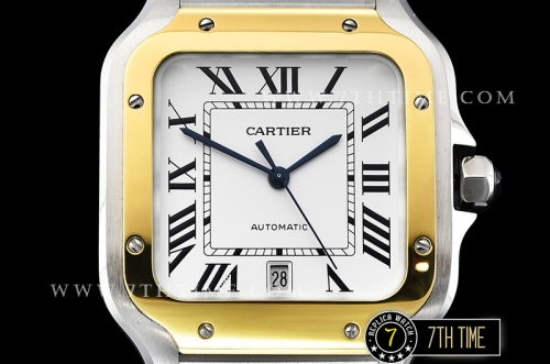 Cartier Santos White Dial with Black Roman Numeral Markers Two Tone 18K Yellow Gold Thick Plated Case and Bracelet