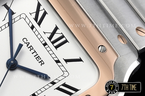 Cartier Santos White Dial with Black Roman Numeral Markers Two Tone 18K Rose Gold Thick Plated Case and Bracelet