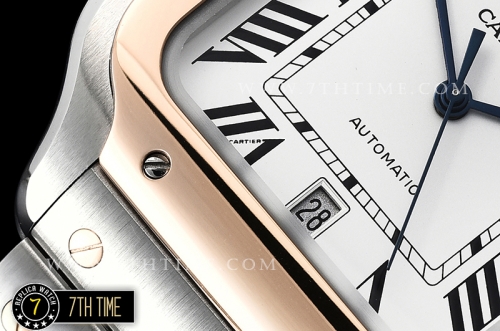 Cartier Santos White Dial with Black Roman Numeral Markers Two Tone 18K Rose Gold Thick Plated Case and Bracelet