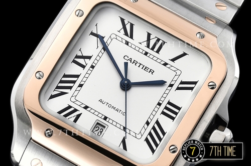 Cartier Santos White Dial with Black Roman Numeral Markers Two Tone 18K Rose Gold Thick Plated Case and Bracelet