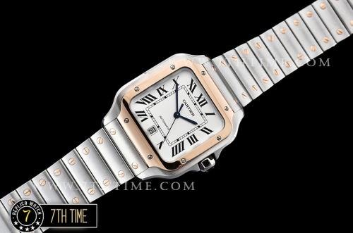 Cartier Santos White Dial with Black Roman Numeral Markers Two Tone 18K Rose Gold Thick Plated Case and Bracelet