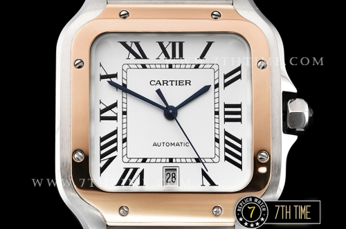 Cartier Santos White Dial with Black Roman Numeral Markers Two Tone 18K Rose Gold Thick Plated Case and Bracelet