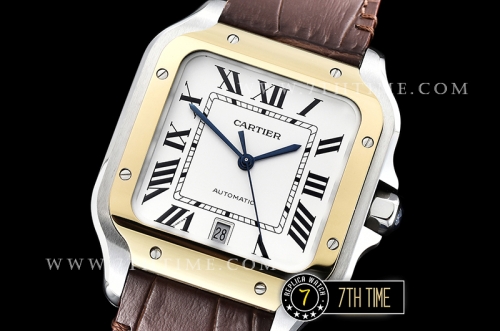Cartier Santos White Dial with Black Roman Numeral Markers Yellow Gold Plated Bezel Brown Croc Embossed Print Calf Leather Strap