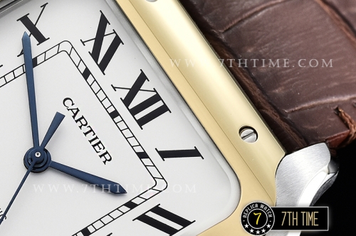 Cartier Santos White Dial with Black Roman Numeral Markers Yellow Gold Plated Bezel Brown Croc Embossed Print Calf Leather Strap