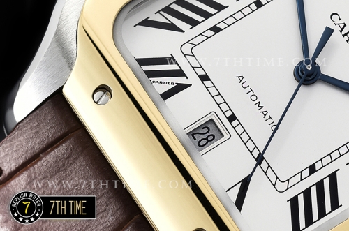 Cartier Santos White Dial with Black Roman Numeral Markers Yellow Gold Plated Bezel Brown Croc Embossed Print Calf Leather Strap