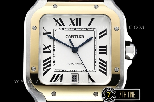 Cartier Santos White Dial with Black Roman Numeral Markers Yellow Gold Plated Bezel Brown Croc Embossed Print Calf Leather Strap