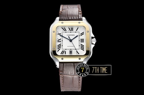 Cartier Santos White Dial with Black Roman Numeral Markers Yellow Gold Plated Bezel Brown Croc Embossed Print Calf Leather Strap