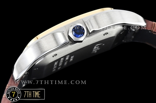 Cartier Santos White Dial with Black Roman Numeral Markers Yellow Gold Plated Bezel Brown Croc Embossed Print Calf Leather Strap