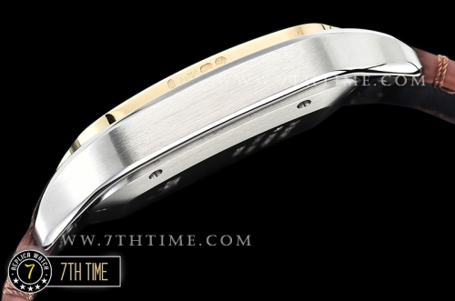 Cartier Santos White Dial with Black Roman Numeral Markers Yellow Gold Plated Bezel Brown Croc Embossed Print Calf Leather Strap
