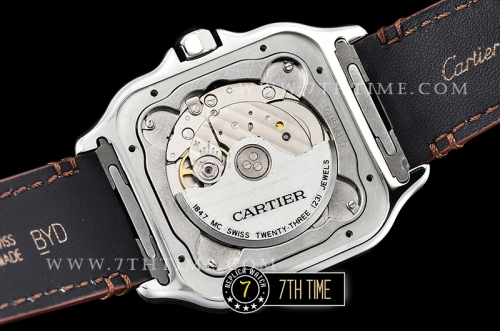 Cartier Santos White Dial with Black Roman Numeral Markers Yellow Gold Plated Bezel Brown Croc Embossed Print Calf Leather Strap