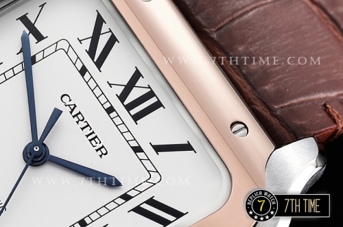 Cartier Santos White Dial with Black Roman Numeral Markers Rose Gold Plated Bezel Brown Croc Embossed Print Calf Leather Strap
