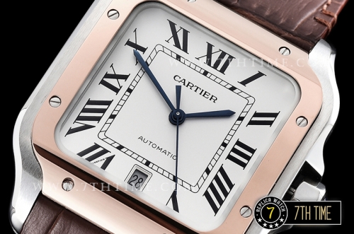 Cartier Santos White Dial with Black Roman Numeral Markers Rose Gold Plated Bezel Brown Croc Embossed Print Calf Leather Strap