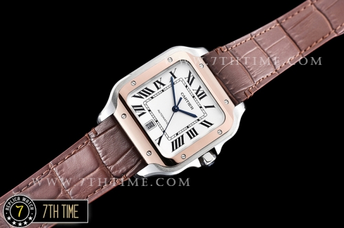 Cartier Santos White Dial with Black Roman Numeral Markers Rose Gold Plated Bezel Brown Croc Embossed Print Calf Leather Strap