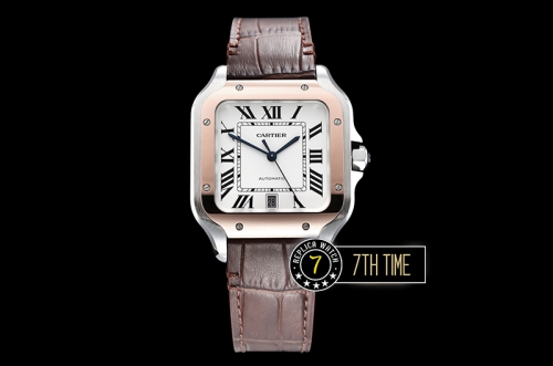 Cartier Santos White Dial with Black Roman Numeral Markers Rose Gold Plated Bezel Brown Croc Embossed Print Calf Leather Strap