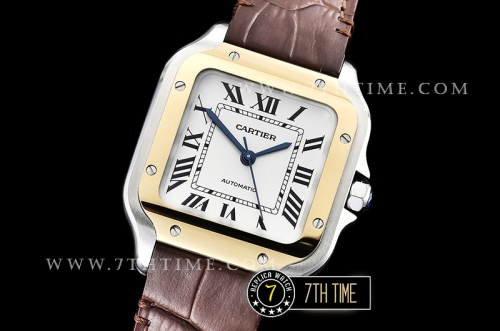 Cartier Santos 35mm White Dial with Black Roman Numeral Markers Yellow Gold Plated Bezel Brown Croc Embossed Print Calf Leather Strap