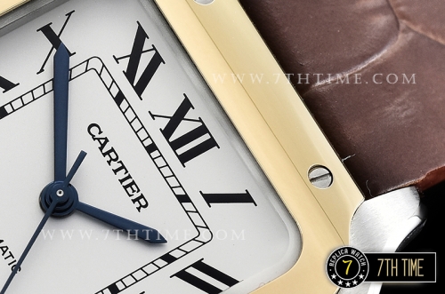 Cartier Santos 35mm White Dial with Black Roman Numeral Markers Yellow Gold Plated Bezel Brown Croc Embossed Print Calf Leather Strap