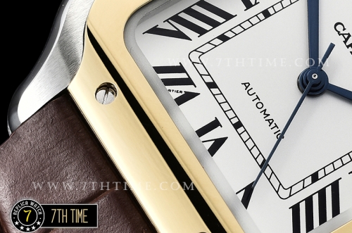 Cartier Santos 35mm White Dial with Black Roman Numeral Markers Yellow Gold Plated Bezel Brown Croc Embossed Print Calf Leather Strap