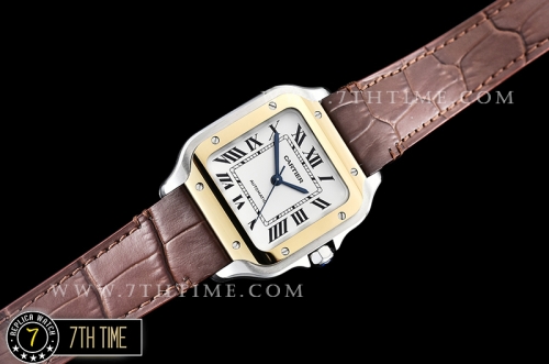 Cartier Santos 35mm White Dial with Black Roman Numeral Markers Yellow Gold Plated Bezel Brown Croc Embossed Print Calf Leather Strap