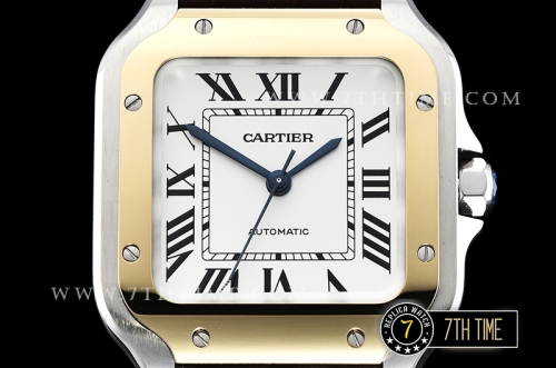Cartier Santos 35mm White Dial with Black Roman Numeral Markers Yellow Gold Plated Bezel Brown Croc Embossed Print Calf Leather Strap