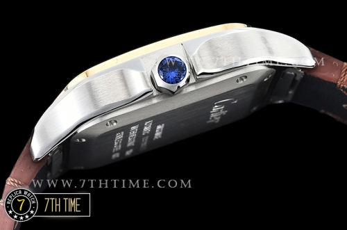 Cartier Santos 35mm White Dial with Black Roman Numeral Markers Yellow Gold Plated Bezel Brown Croc Embossed Print Calf Leather Strap