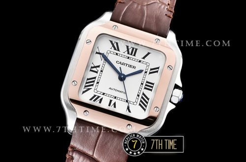 Cartier Santos 35mm White Dial with Black Roman Numeral Markers Rose Gold Plated Bezel Brown Croc Embossed Print Calf Leather Strap