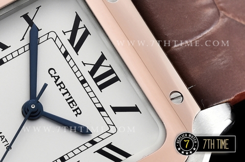 Cartier Santos 35mm White Dial with Black Roman Numeral Markers Rose Gold Plated Bezel Brown Croc Embossed Print Calf Leather Strap