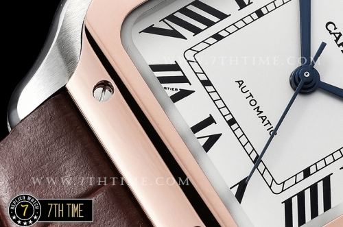 Cartier Santos 35mm White Dial with Black Roman Numeral Markers Rose Gold Plated Bezel Brown Croc Embossed Print Calf Leather Strap