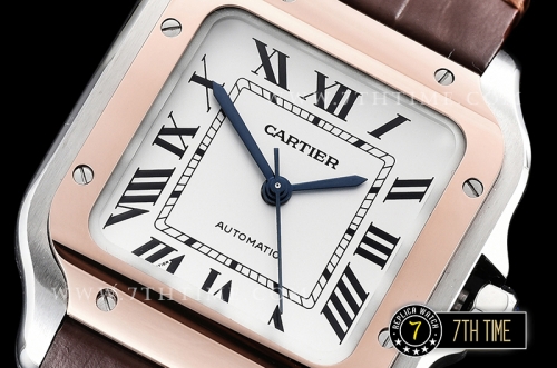 Cartier Santos 35mm White Dial with Black Roman Numeral Markers Rose Gold Plated Bezel Brown Croc Embossed Print Calf Leather Strap