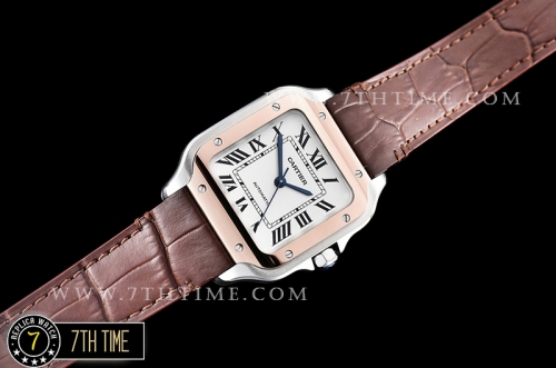Cartier Santos 35mm White Dial with Black Roman Numeral Markers Rose Gold Plated Bezel Brown Croc Embossed Print Calf Leather Strap