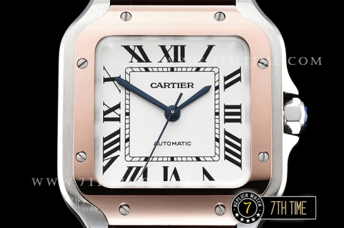 Cartier Santos 35mm White Dial with Black Roman Numeral Markers Rose Gold Plated Bezel Brown Croc Embossed Print Calf Leather Strap