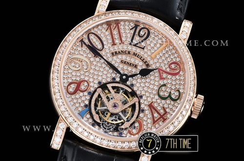 Frank Muller Ronde Color Dreams Tourbillon Diamonds Full Diamond Paved Dial with Colored Numerals 18K Rose Gold Tick Plated Case