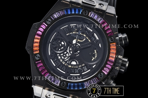 Hublot Big Bang Unico Sapphire Skeletonal Dial with Numeral Markers & Black Rehaut Baguette Rainbow Colored Gems Bezel