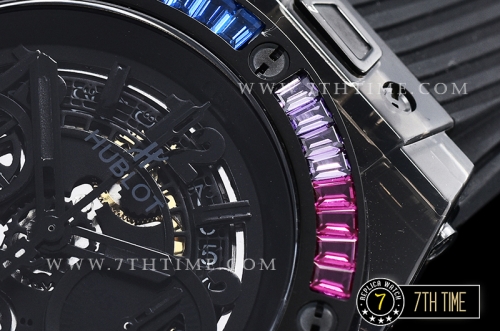 Hublot Big Bang Unico Sapphire Skeletonal Dial with Numeral Markers & Black Rehaut Baguette Rainbow Colored Gems Bezel