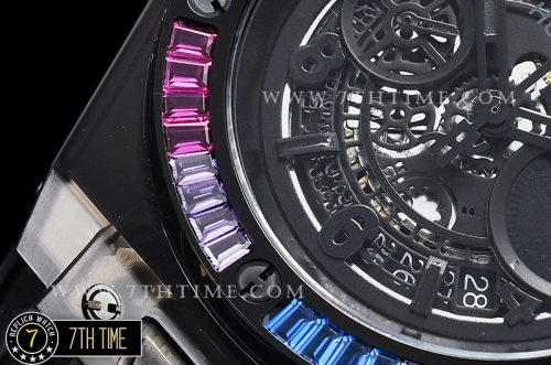 Hublot Big Bang Unico Sapphire Skeletonal Dial with Numeral Markers & Black Rehaut Baguette Rainbow Colored Gems Bezel