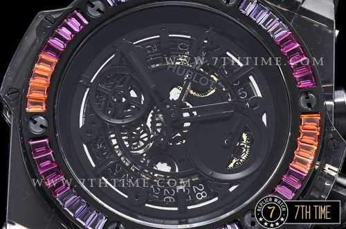 Hublot Big Bang Unico Sapphire Skeletonal Dial with Numeral Markers & Black Rehaut Baguette Rainbow Colored Gems Bezel