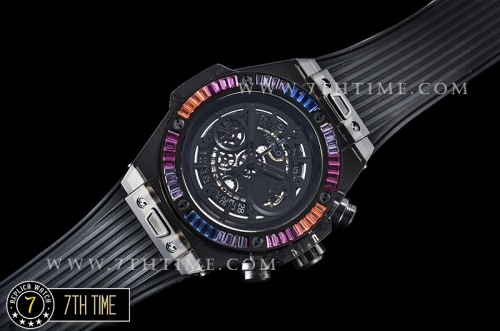 Hublot Big Bang Unico Sapphire Skeletonal Dial with Numeral Markers & Black Rehaut Baguette Rainbow Colored Gems Bezel