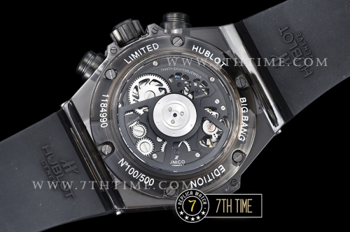 Hublot Big Bang Unico Sapphire Skeletonal Dial with Numeral Markers & Black Rehaut Baguette Rainbow Colored Gems Bezel