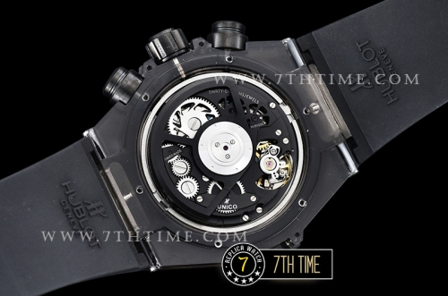 Hublot Big Bang Unico Sapphire Skeletonal Dial with Numeral Markers & Black Rehaut Baguette Rainbow Colored Gems Bezel