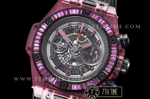 Hublot Big Bang Unico Sapphire Skeletonal Dial with Numeral Markers & Black Rehaut Baguette Red Gems Bezel