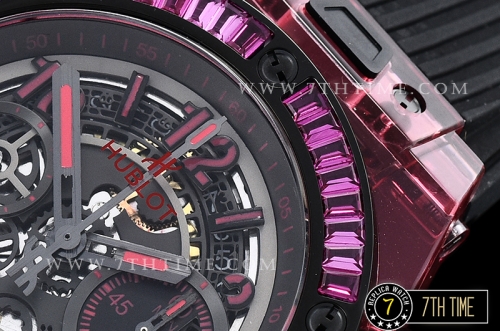 Hublot Big Bang Unico Sapphire Skeletonal Dial with Numeral Markers & Black Rehaut Baguette Red Gems Bezel