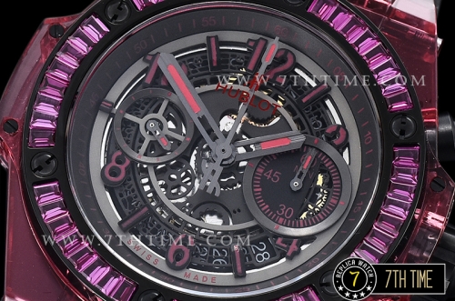 Hublot Big Bang Unico Sapphire Skeletonal Dial with Numeral Markers & Black Rehaut Baguette Red Gems Bezel