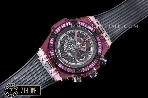 Hublot Big Bang Unico Sapphire Skeletonal Dial with Numeral Markers & Black Rehaut Baguette Red Gems Bezel