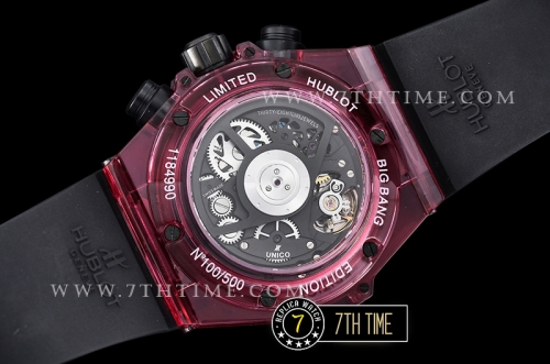 Hublot Big Bang Unico Sapphire Skeletonal Dial with Numeral Markers & Black Rehaut Baguette Red Gems Bezel