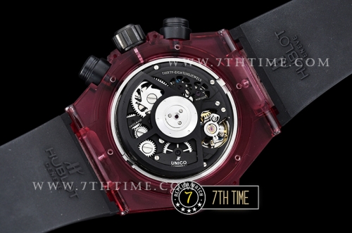 Hublot Big Bang Unico Sapphire Skeletonal Dial with Numeral Markers & Black Rehaut Baguette Red Gems Bezel